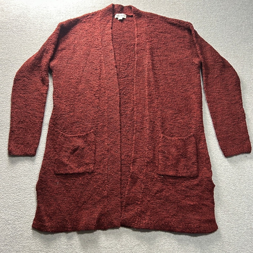 Longline Cardigan Sweater Womens 1X Rust Textured Open Front Pockets Ava & Viv